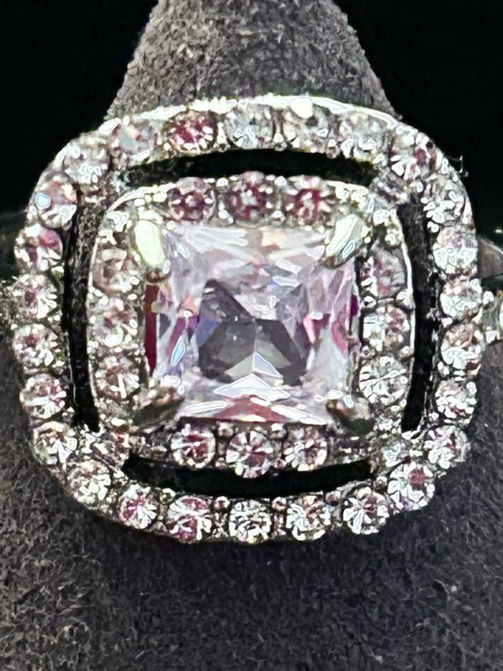 Sparkling Clear Cubic Zirconia Square Ring w/ Double Halo in Silver-Tone NWT